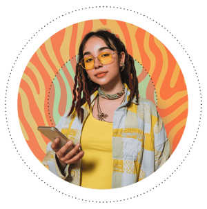Young woman wearing yellow-tinted glasses and holding a smartphone, framed by colorful retro orange and yellow patterns